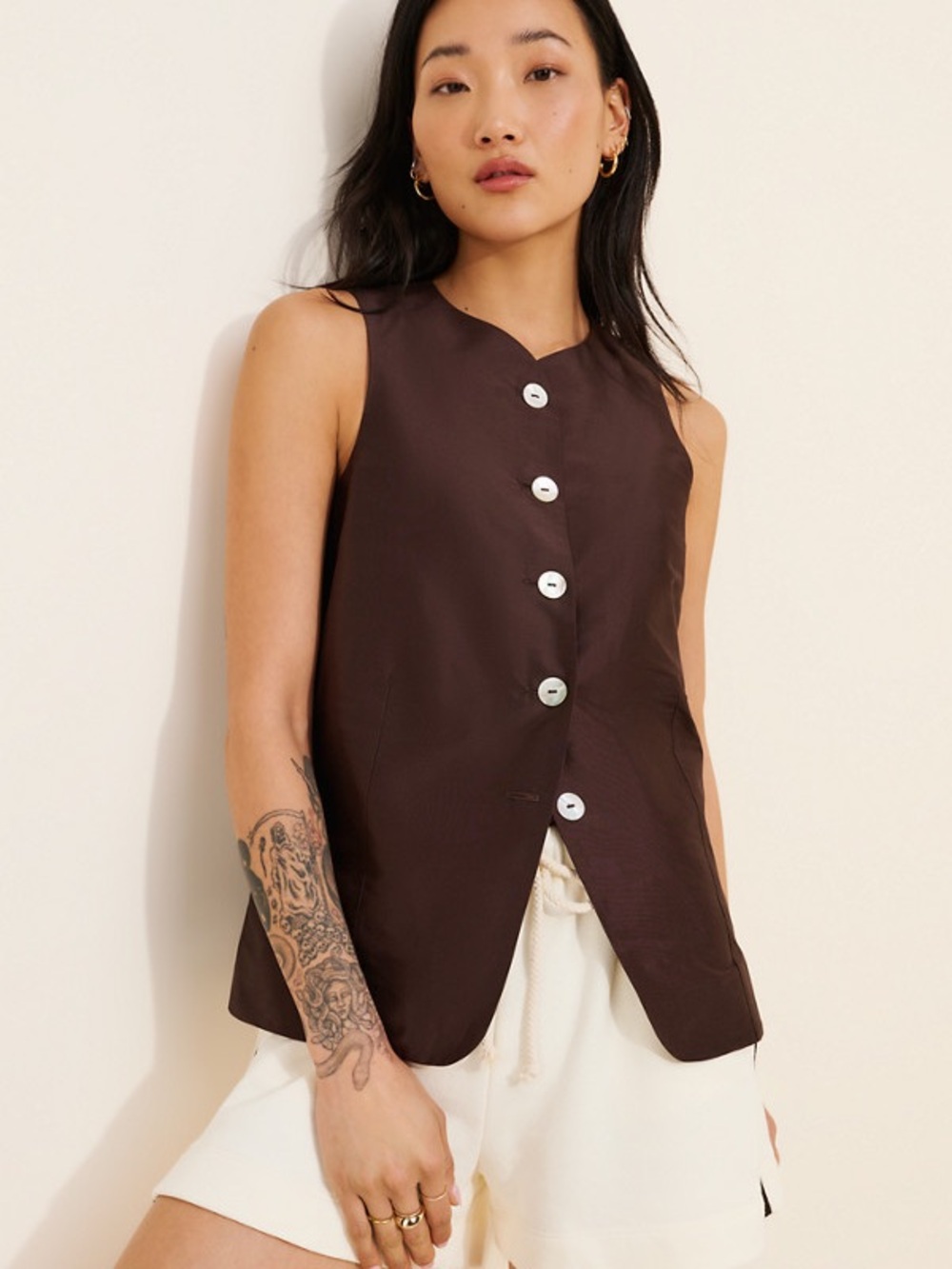 Donni x Nully Lady Vest Brown Taffeta Size Small 100% Silk